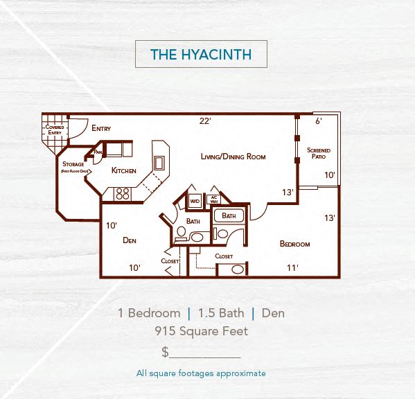 The Hyacinth 1 bed 1 and half bath 915 sq ft